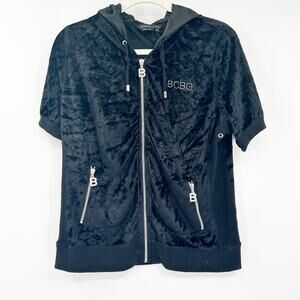 BCBGMAXAZRIA Womens VTG Y2K Bling Rhinestone Velour Short Sleeve Hoodie‎ Size XL